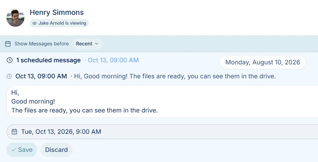 A scheduled WhatsApp message in Spun expanded to show its send time alongside edit and cancel controls