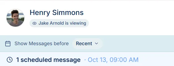 A Spun conversation showing a note that one WhatsApp message is scheduled, with its send date and time